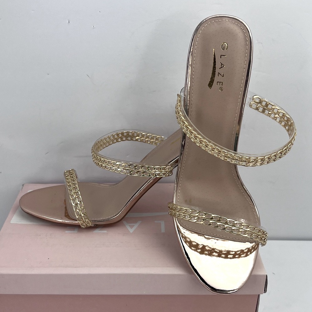 GLAZE ROSE GOLD CHAIN STRAPPY SANDALS, ALL MAN-MADE MATRIAL, WOMEN’S SIZE 10